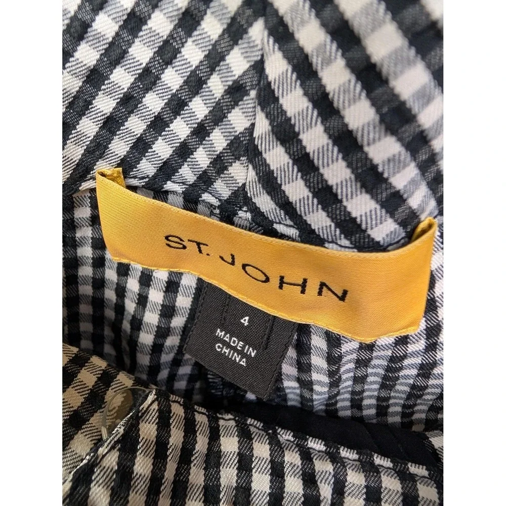 St. John Pants Women 4 Black White Gingham Straight Leg Gold Logo Trousers